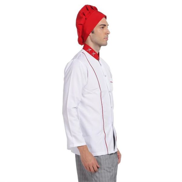 Aşçı Ceketi Beyaz Uzun Kol Çatal Bıçak Kırmızı Garnitürlü
