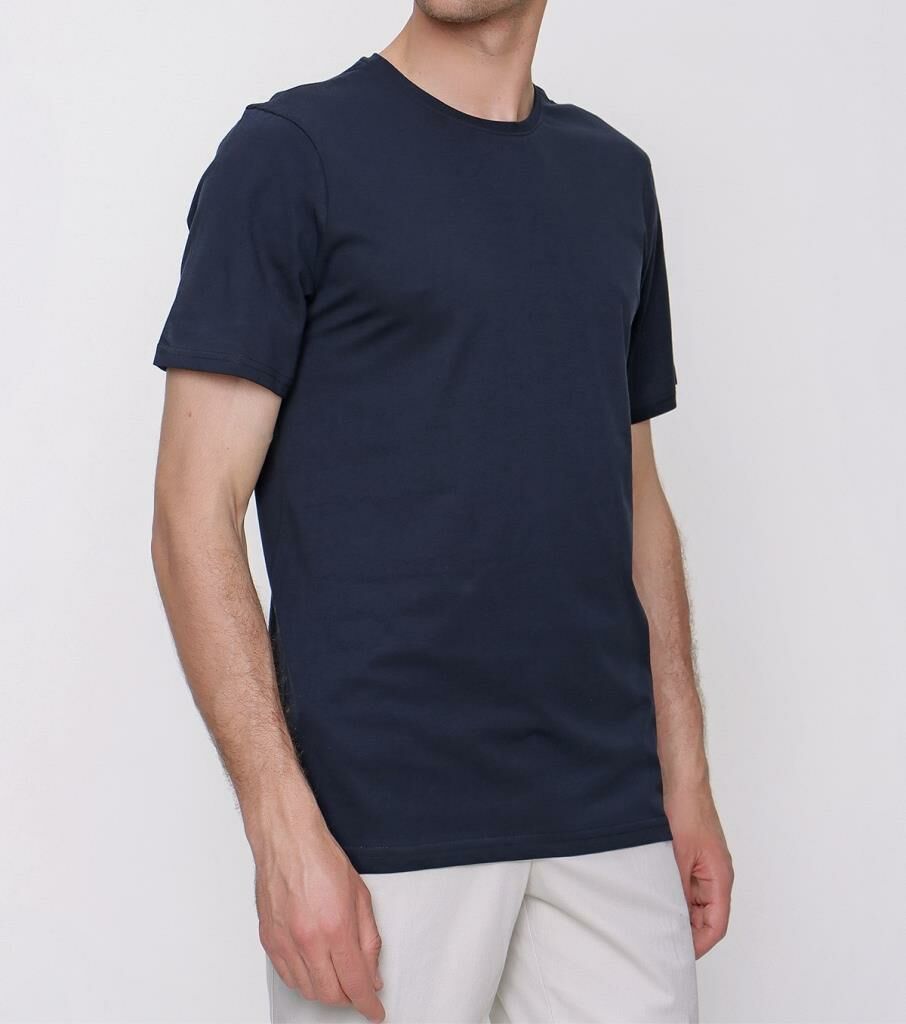 Makara Basic Düz %100 Pamuk Bisiklet Yaka Kısa Kollu Tişört Lacivert - XL Beden