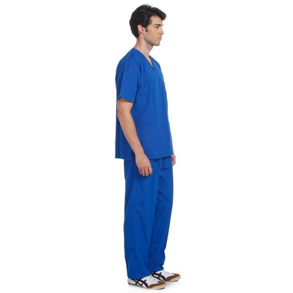 V Yaka Takım Kısa Kol Saks Mavi